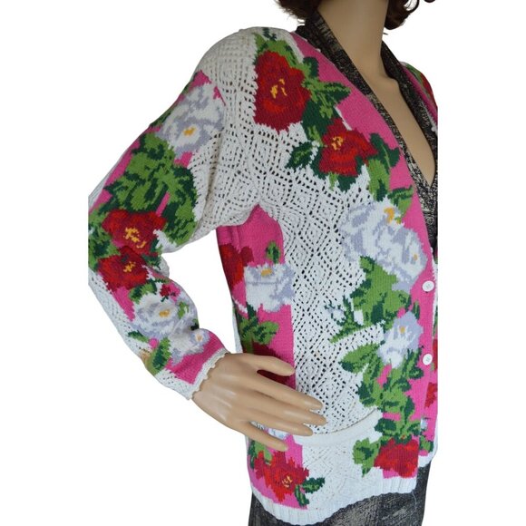 Vintage 80s Adrienne Vittadini Petites Size S Crochet Floral Grannycore Cardigan - Picture 2 of 16